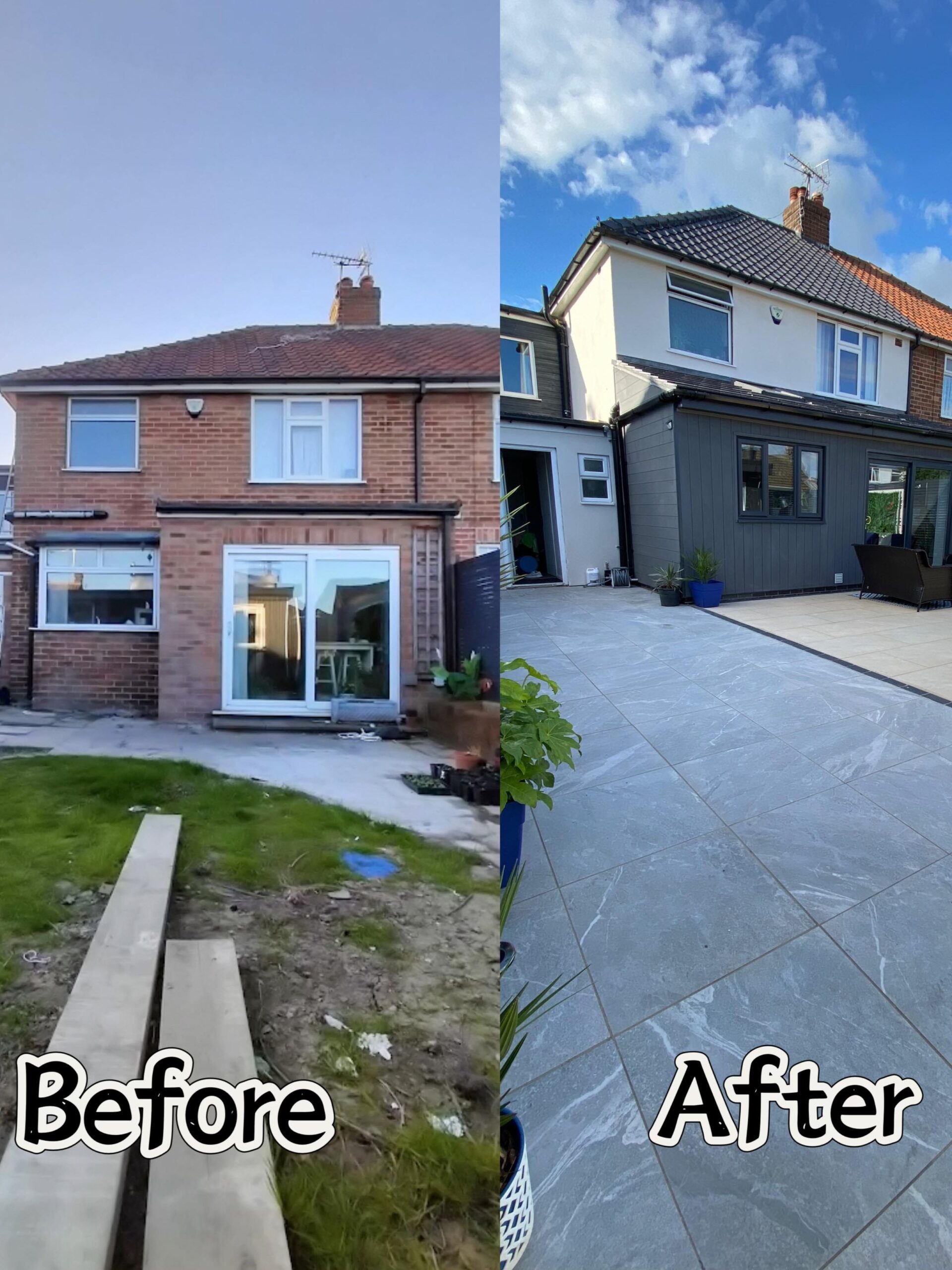 Exterior painting and decoration in York showing house extension with rendered finish and new patio