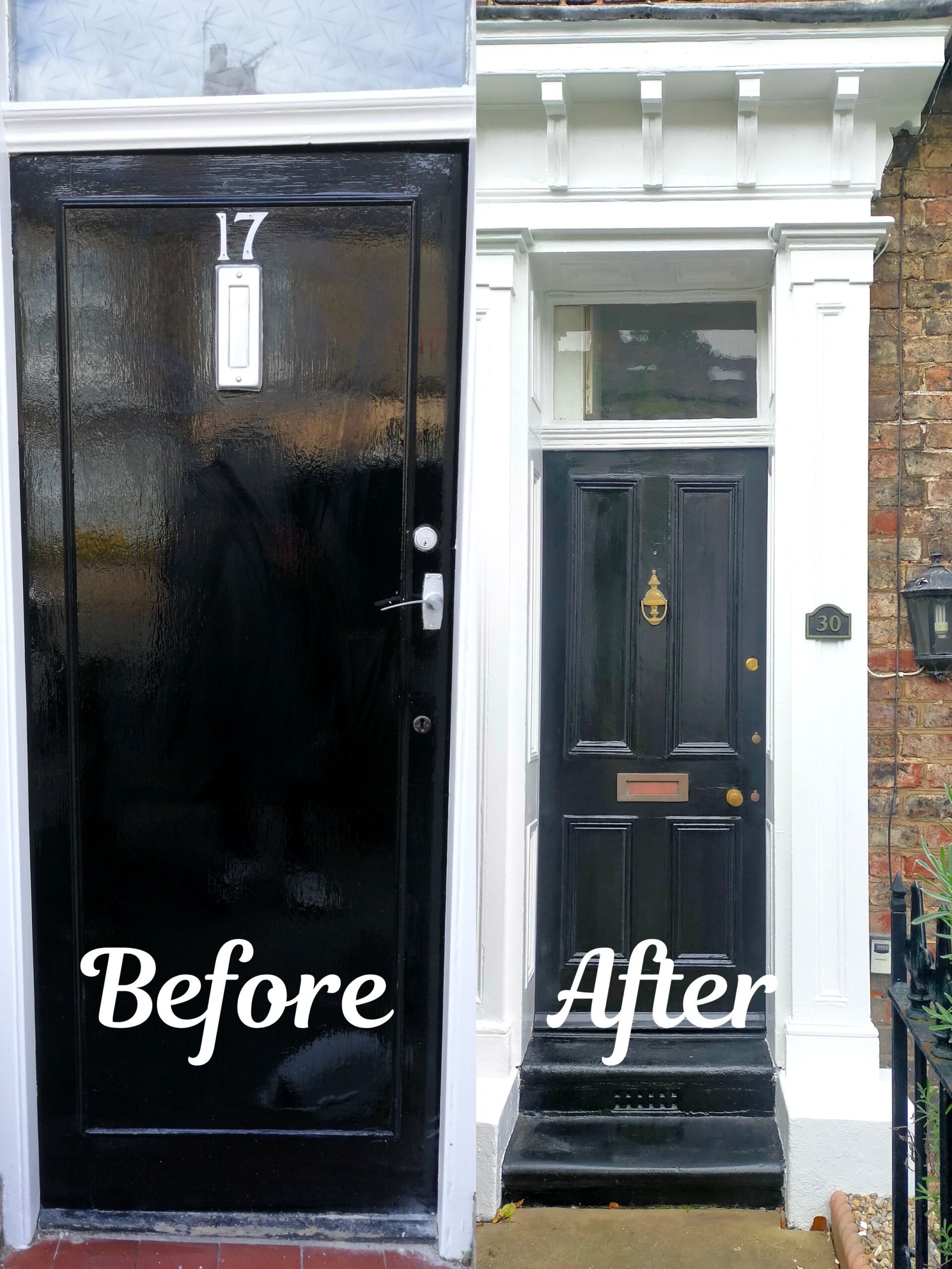 Exterior painting and decoration in York showing front door transformation with fresh black gloss and white frame
