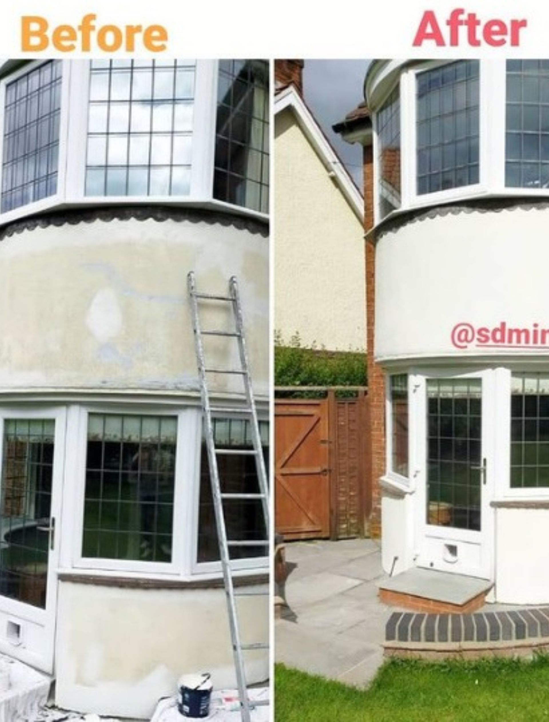 Exterior painting and decoration in York showing bay window wall before and after with smooth white finish