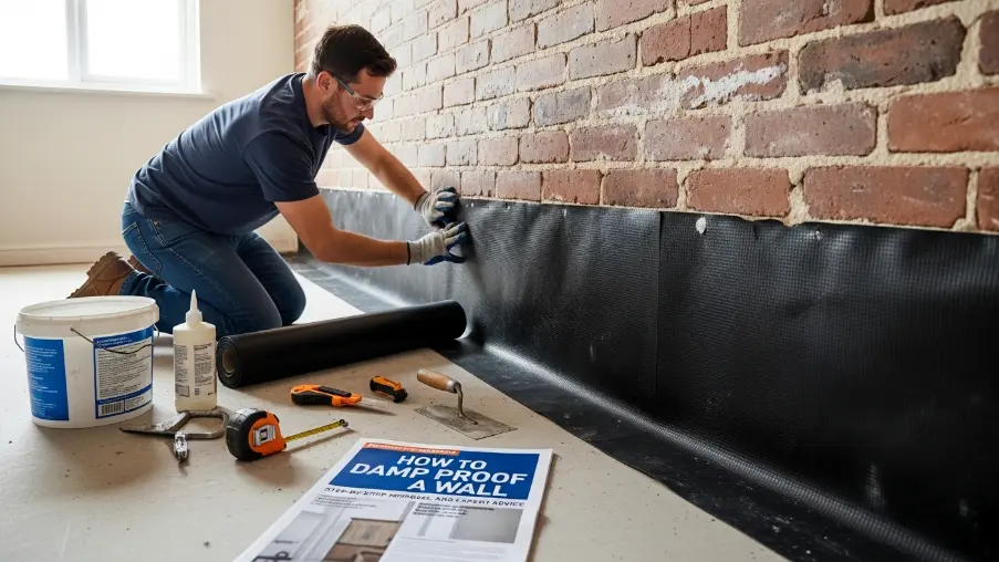 Damp proofing a wall with waterproof membrane and injection methods in home renovation