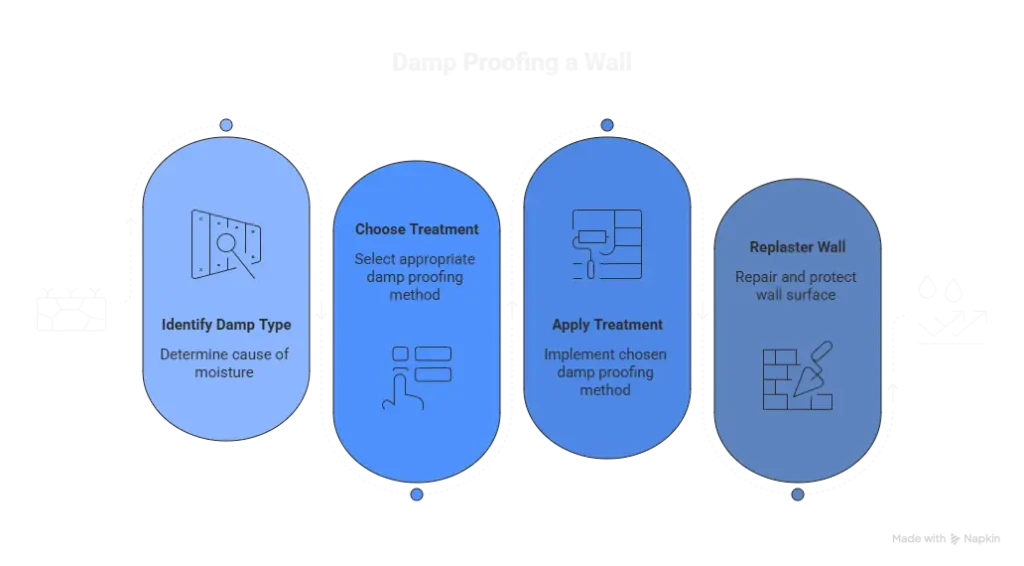 Different damp proofing methods for walls including injection, membrane, and coating solutions