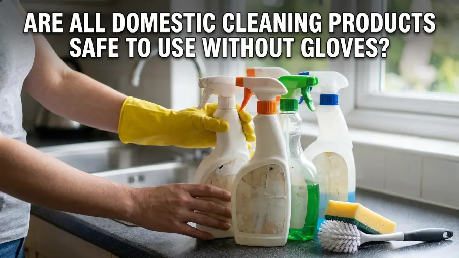 Person using household cleaning products with and without protective gloves while cleaning surfaces at home