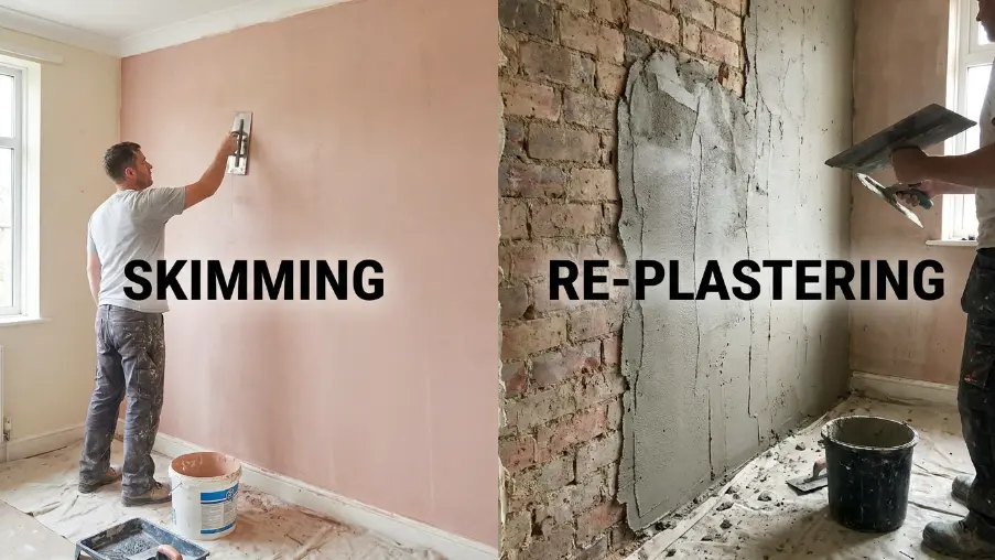 Comparison of wall skimming and full re-plastering showing surface repairs, wall condition, and renovation requirements